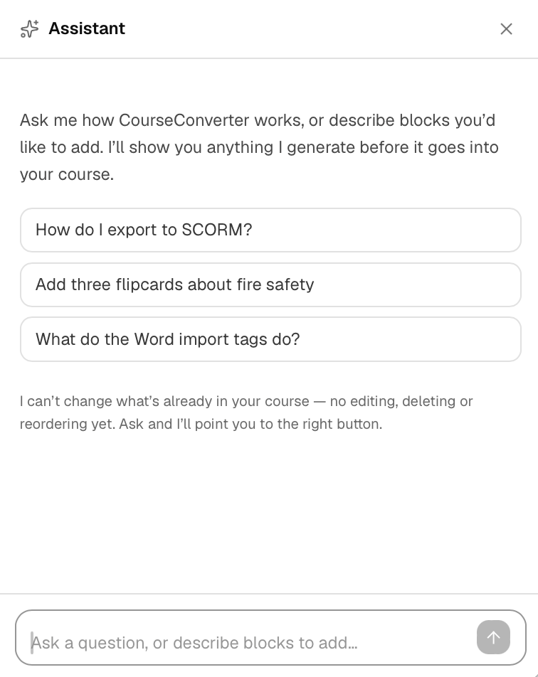 The CourseConverter assistant panel answering a question and drafting blocks
