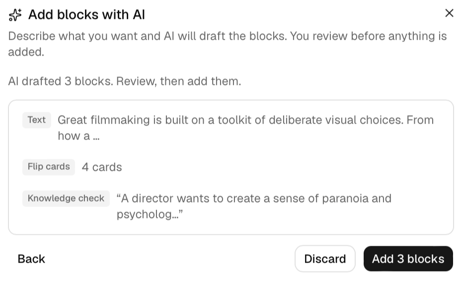 Reviewing AI-drafted blocks before inserting them