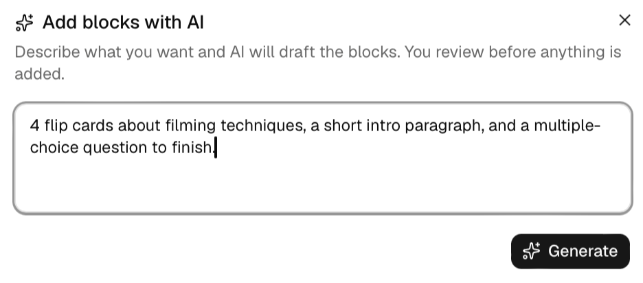 Describing the blocks you want in the Add blocks with AI dialog