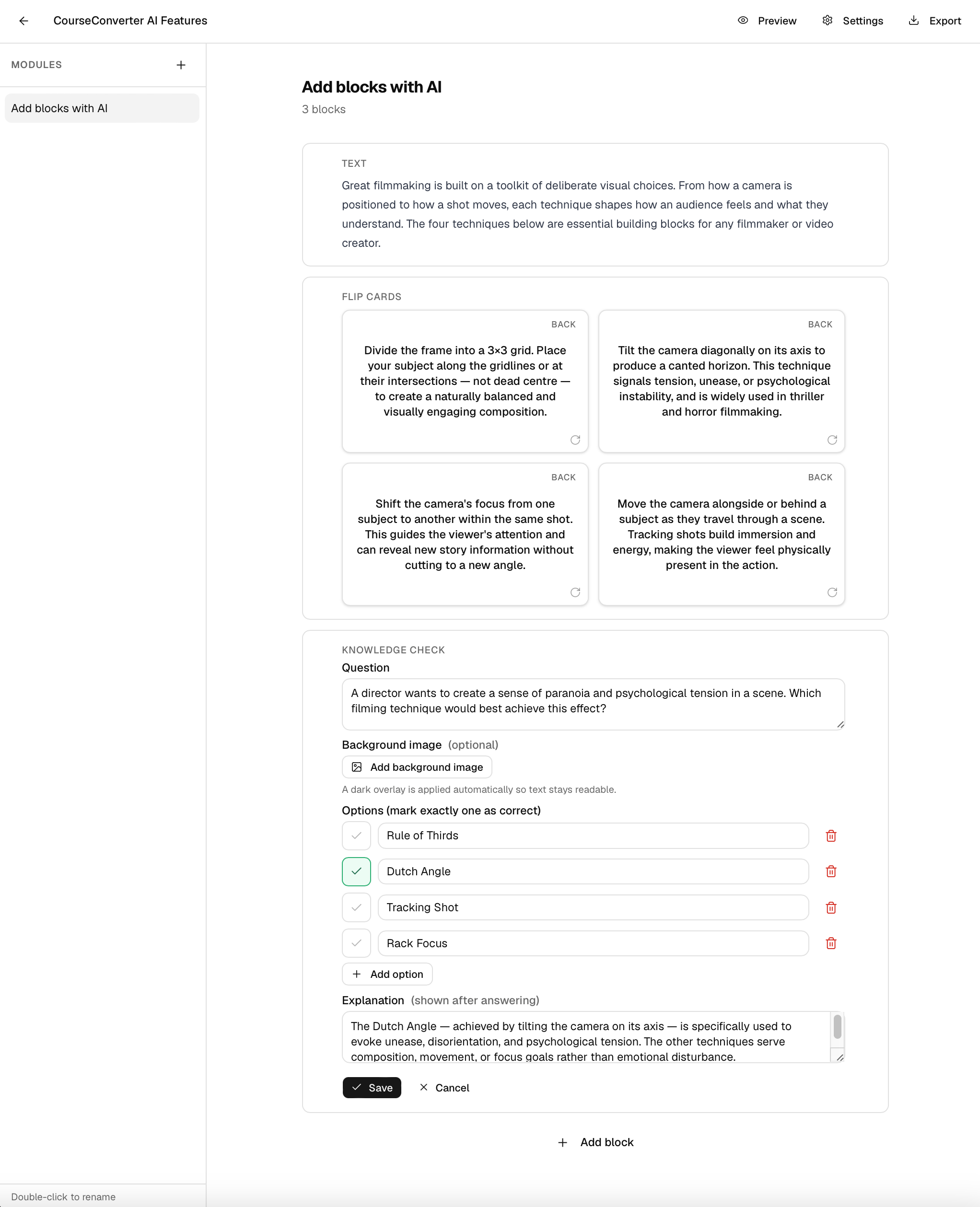 AI-generated flipcards and knowledge check added to a course module