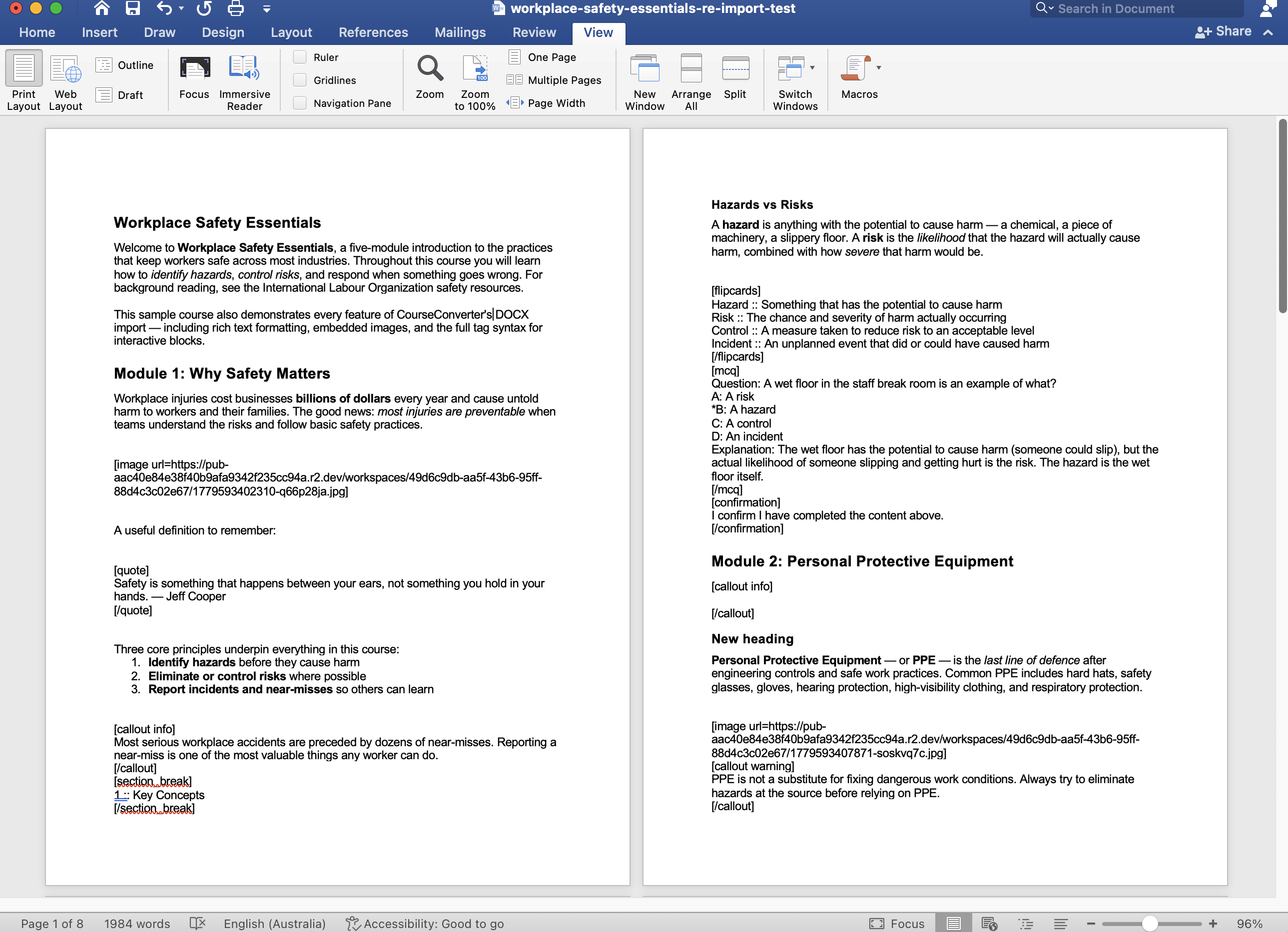 Exporting a course to a Word .docx document from CourseConverter