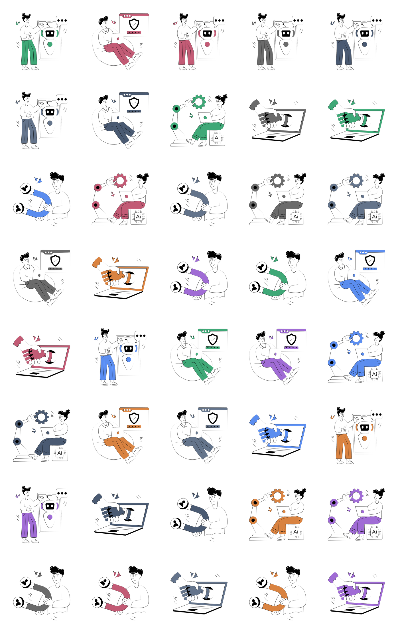 A library of illustrated scenes, each available in every course theme colour